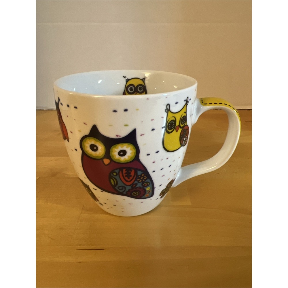 Colorful Owls Coffee Mug Cup Konitz Germany Porcelain Dots Dashes Large 14 oz
